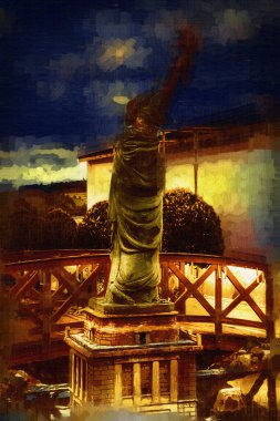 Manhattan, Mimarlık ve Turizm Konsepti 'nin aşağısında yer alan New York şehir manzaralı nehir kenarındaki Özgürlük Anıtı.