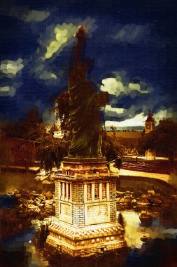 Manhattan, Mimarlık ve Turizm Konsepti 'nin aşağısında yer alan New York şehir manzaralı nehir kenarındaki Özgürlük Anıtı.