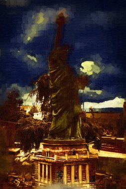 Manhattan, Mimarlık ve Turizm Konsepti 'nin aşağısında yer alan New York şehir manzaralı nehir kenarındaki Özgürlük Anıtı.