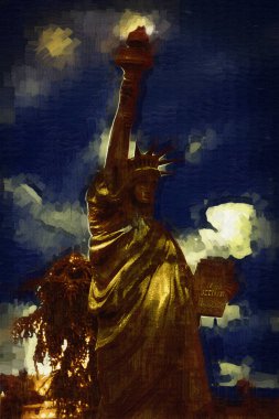 Manhattan, Mimarlık ve Turizm Konsepti 'nin aşağısında yer alan New York şehir manzaralı nehir kenarındaki Özgürlük Anıtı.