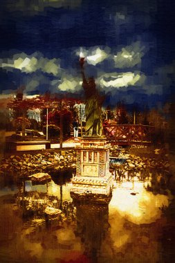 Manhattan, Mimarlık ve Turizm Konsepti 'nin aşağısında yer alan New York şehir manzaralı nehir kenarındaki Özgürlük Anıtı.