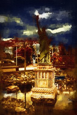 Manhattan, Mimarlık ve Turizm Konsepti 'nin aşağısında yer alan New York şehir manzaralı nehir kenarındaki Özgürlük Anıtı.