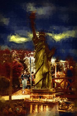 Manhattan, Mimarlık ve Turizm Konsepti 'nin aşağısında yer alan New York şehir manzaralı nehir kenarındaki Özgürlük Anıtı.