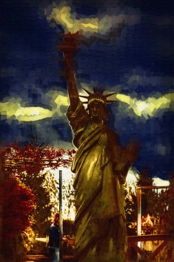 Manhattan, Mimarlık ve Turizm Konsepti 'nin aşağısında yer alan New York şehir manzaralı nehir kenarındaki Özgürlük Anıtı.