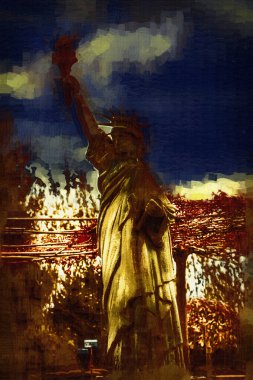 Manhattan, Mimarlık ve Turizm Konsepti 'nin aşağısında yer alan New York şehir manzaralı nehir kenarındaki Özgürlük Anıtı.