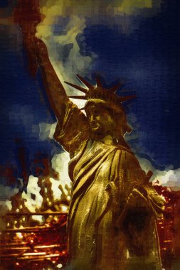 Manhattan, Mimarlık ve Turizm Konsepti 'nin aşağısında yer alan New York şehir manzaralı nehir kenarındaki Özgürlük Anıtı.