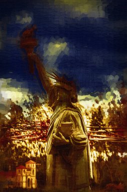 Manhattan, Mimarlık ve Turizm Konsepti 'nin aşağısında yer alan New York şehir manzaralı nehir kenarındaki Özgürlük Anıtı.