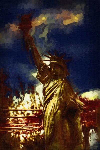 Estatua Libertad Sobre Escena Del Paisaje Urbano Nueva York Junto — Foto de Stock
