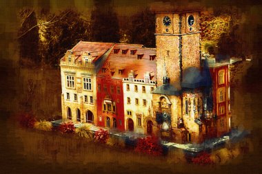 Prag 'daki eski şehir meydanı, Çek Cumhuriyeti, sanat illüstrasyonu antika eskiz