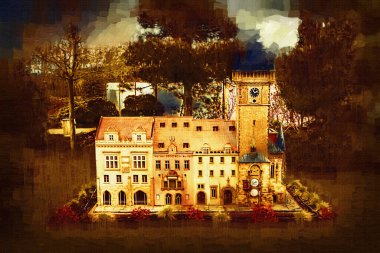 Prag 'daki eski şehir meydanı, Çek Cumhuriyeti, sanat illüstrasyonu antika eskiz