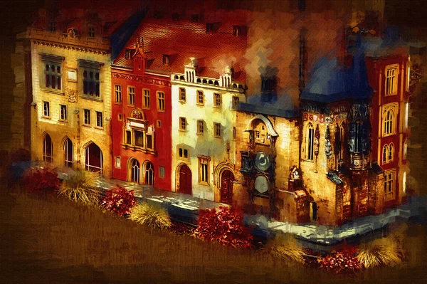 Piazza Della Città Vecchia Praga Repubblica Ceca Illustrazione Arte Retro — Foto Stock