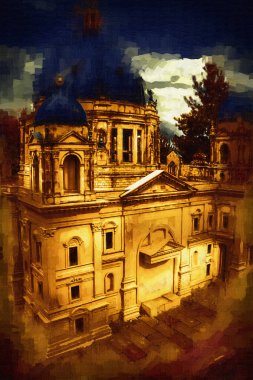 Berliner Dom, Berlin, Deutschland, Almanya, Avrupa, sanat illüstrasyonu antika eskiz