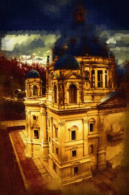 Berliner Dom, Berlin, Deutschland, Almanya, Avrupa, sanat illüstrasyonu antika eskiz