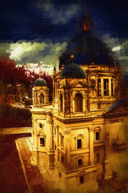 Berliner Dom, Berlin, Deutschland, Almanya, Avrupa, sanat illüstrasyonu antika eskiz