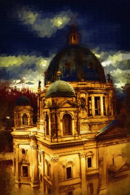 Berliner Dom, Berlin, Deutschland, Almanya, Avrupa, sanat illüstrasyonu antika eskiz