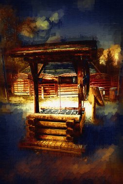 Asılı ahşap kovası, ahşap çatısı, yaşlılığı, sanat illüstrasyonları antika eskizi olan antik artezyen kuyusu.