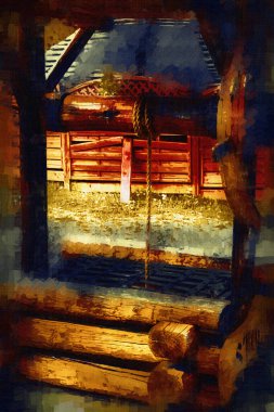 Asılı ahşap kovası, ahşap çatısı, yaşlılığı, sanat illüstrasyonları antika eskizi olan antik artezyen kuyusu.