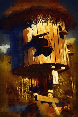 Arka bahçede kuş besleme, ortaçağ tarihi sanat illüstrasyonu antika eskiz