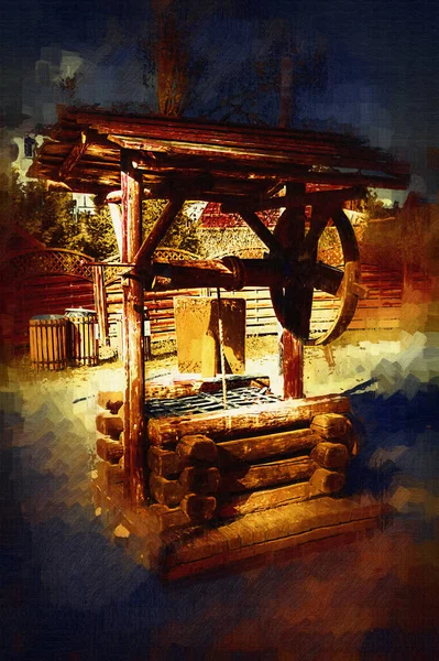 木製のバケツと木製の屋根 古い時代 アートイラストレトロヴィンテージアンティークスケッチをぶら下げ古代の芸術家 — ストック写真