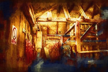 Steppe Mill Mill Wheel Kış Peyzajı Lueneburg Heath, Ortaçağ sanat illüstrasyonu antika eskiz