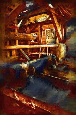 Steppe Mill Mill Wheel Kış Peyzajı Lueneburg Heath, Ortaçağ sanat illüstrasyonu antika eskiz