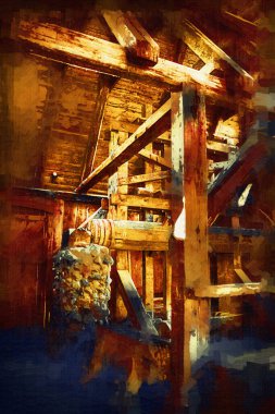 Steppe Mill Mill Wheel Kış Peyzajı Lueneburg Heath, Ortaçağ sanat illüstrasyonu antika eskiz