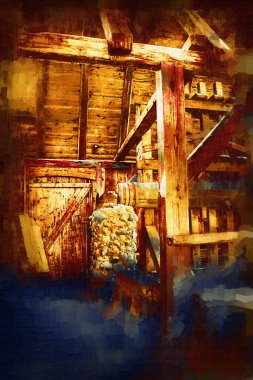 Steppe Mill Mill Wheel Kış Peyzajı Lueneburg Heath, Ortaçağ sanat illüstrasyonu antika eskiz