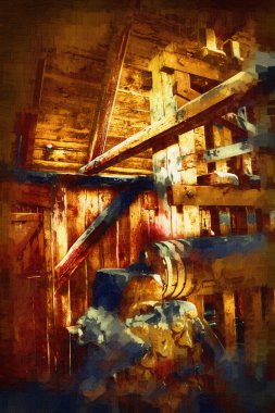 Steppe Mill Mill Wheel Kış Peyzajı Lueneburg Heath, Ortaçağ sanat illüstrasyonu antika eskiz