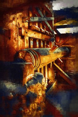 Steppe Mill Mill Wheel Kış Peyzajı Lueneburg Heath, Ortaçağ sanat illüstrasyonu antika eskiz