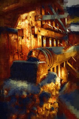 Steppe Mill Mill Wheel Kış Peyzajı Lueneburg Heath, Ortaçağ sanat illüstrasyonu antika eskiz