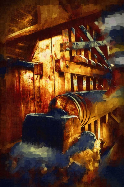 Steppenmühle Wassermühle Mühlenrad Winterlandschaft Lüneburger Heide Mittelalterliche Althistorische Kunst Illustration — Stockfoto