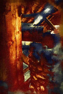 Steppe Mill Mill Wheel Kış Peyzajı Lueneburg Heath, Ortaçağ sanat illüstrasyonu antika eskiz