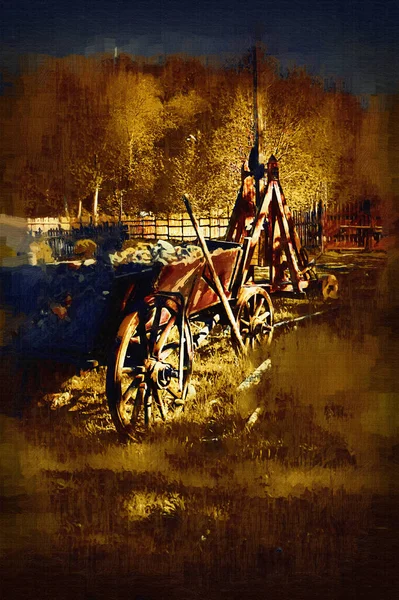 牧草地に典型的な歴史的な木製の馬車 中世の古い歴史芸術イラストレトロなヴィンテージアンティークスケッチ — ストック写真