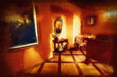 Klasik iç mekanlı klasik mobilyalar, ortaçağ tarihi sanat illüstrasyonu antika eskiz