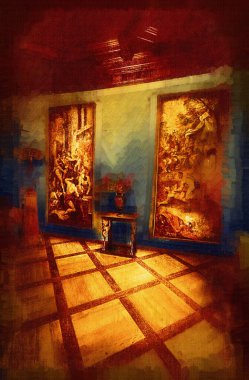 Klasik iç mekanlı klasik mobilyalar, ortaçağ tarihi sanat illüstrasyonu antika eskiz