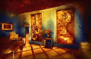 Klasik iç mekanlı klasik mobilyalar, ortaçağ tarihi sanat illüstrasyonu antika eskiz