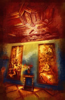 Klasik iç mekanlı klasik mobilyalar, ortaçağ tarihi sanat illüstrasyonu antika eskiz