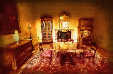 Klasik iç mekanlı klasik mobilyalar, ortaçağ tarihi sanat illüstrasyonu antika eskiz