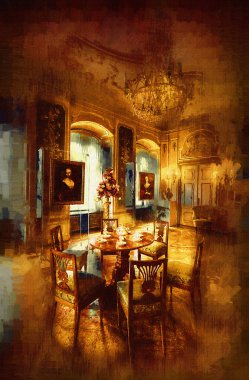 Klasik iç mekanlı klasik mobilyalar, ortaçağ tarihi sanat illüstrasyonu antika eskiz