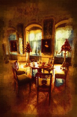 Klasik iç mekanlı klasik mobilyalar, ortaçağ tarihi sanat illüstrasyonu antika eskiz