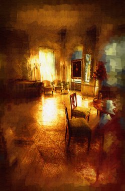 Klasik iç mekanlı klasik mobilyalar, ortaçağ tarihi sanat illüstrasyonu antika eskiz