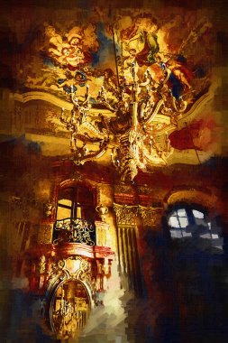 Klasik iç mekanlı klasik mobilyalar, ortaçağ tarihi sanat illüstrasyonu antika eskiz