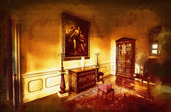 古典家具在古典风格的内饰中带有复制空间 中古历史艺术图解复古古董素描 — 图库照片