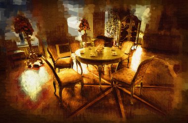 Klasik iç mekanlı klasik mobilyalar, ortaçağ tarihi sanat illüstrasyonu antika eskiz