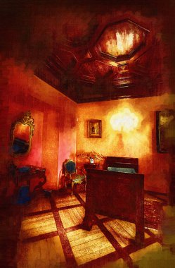 Lüks iç mekan, klasik yatak odası, iç mekan, eski, ortaçağ tarihi sanat illüstrasyonu antika eskiz.