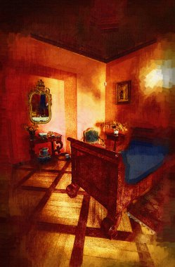 Lüks iç mekan, klasik yatak odası, iç mekan, eski, ortaçağ tarihi sanat illüstrasyonu antika eskiz.