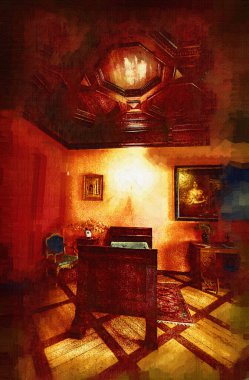 Lüks iç mekan, klasik yatak odası, iç mekan, eski, ortaçağ tarihi sanat illüstrasyonu antika eskiz.