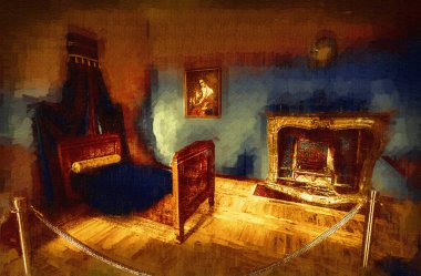 Lüks iç mekan, klasik yatak odası, iç mekan, eski, ortaçağ tarihi sanat illüstrasyonu antika eskiz.