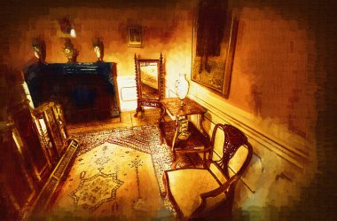 Lüks iç mekan, klasik yatak odası, iç mekan, eski, ortaçağ tarihi sanat illüstrasyonu antika eskiz.