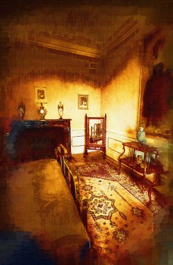 Lüks iç mekan, klasik yatak odası, iç mekan, eski, ortaçağ tarihi sanat illüstrasyonu antika eskiz.